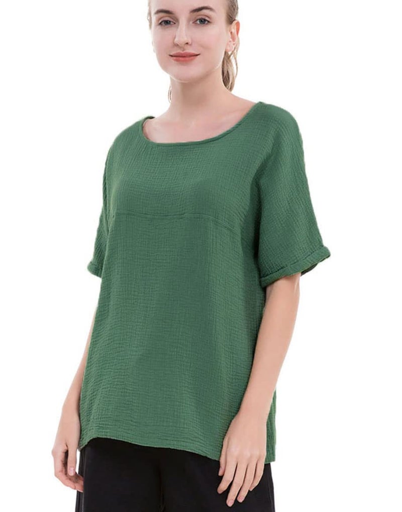 Soojun Women's Cotton Linen Round Collar Boxy Top Patchwork Blouses Green, Large - Image 1